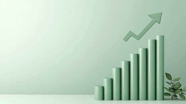 3D business icon of green bar chart growing arrow on a light green clear background with copy space