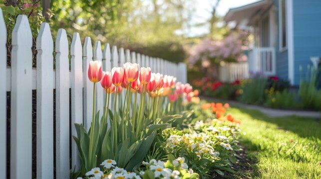 Beautiful pink tulips growing along white picket fence in spring garden