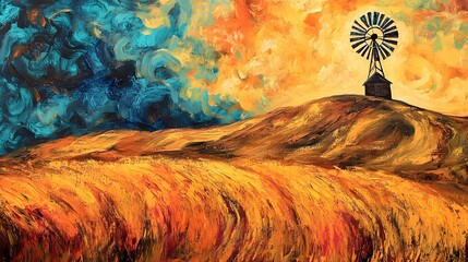 A rural landscape with a windmill on a hill surrounded by golden fields, painted with bold, expressive strokes in earthy tones and set beneath a swirling orange and blue sky, exuding pastoral