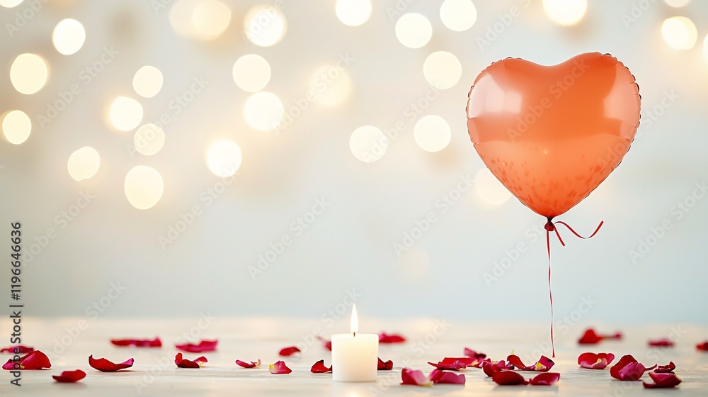 Poster a heart balloon floating above a table with scattered rose petals and candles, creating a romantic a