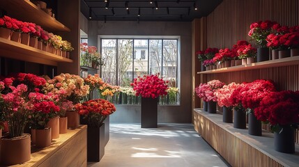 Modern flower shop featuring sleek industrialstyle vases roses and peonies for Valentines Day with geometric patterns of petals and fragrant air circulating in a minimalist setting