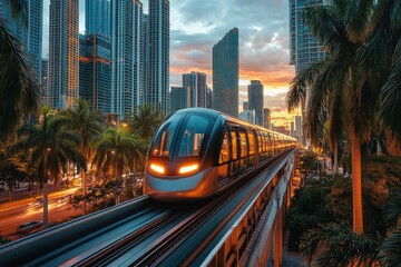 Obraz premium Modern elevated train moving through downtown miami at dusk
