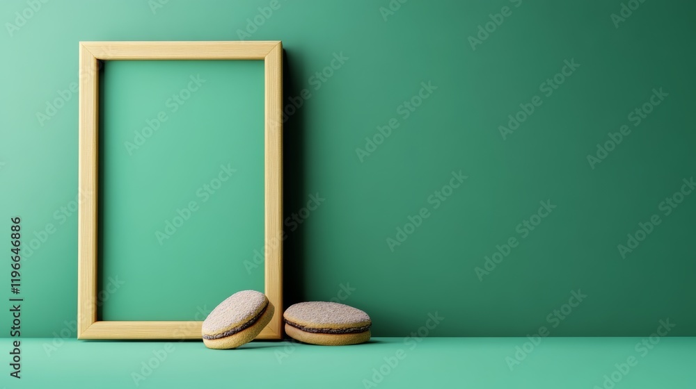 Poster wooden frame with two cookies on top of it. the frame is empty and the cookies are placed on a green
