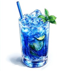 Refreshing Blue Cocktail: A Cool Summer Drink with Ice, Lime, and Mint