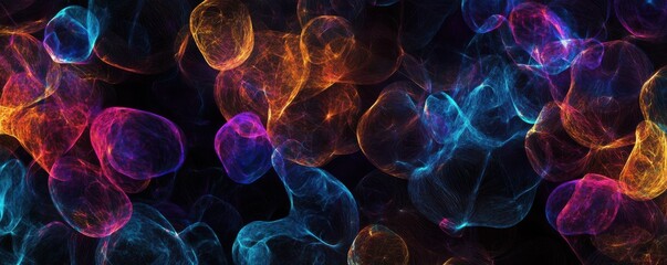 Glowing holographic shapes blending with a deep black background, futuristic abstract art, 4k photo.