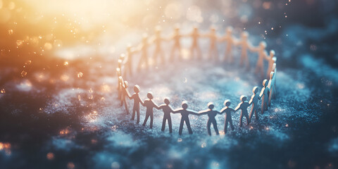 A group of people are standing in a circle holding hands
