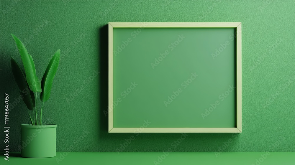 Aufkleber green framed picture with a green background and a green plant in a green pot. the empty frame and t