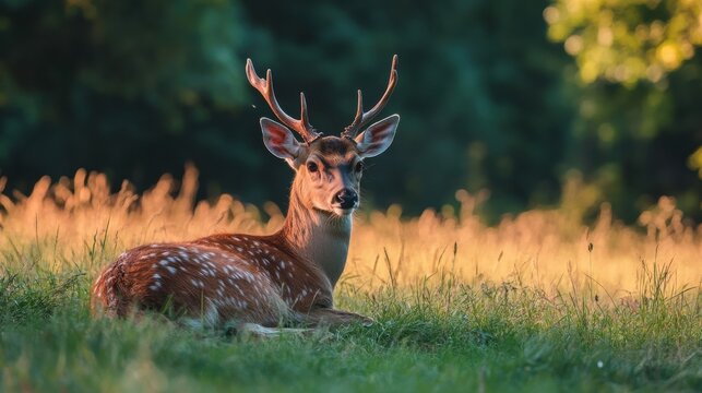 Male fallow deer resting in a meadow.