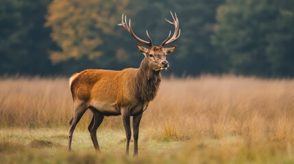 Fototapeta premium Majestic red deer stag in autumnal field.
