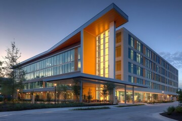 Obraz premium Modern office building exterior at dusk with illuminated entrance