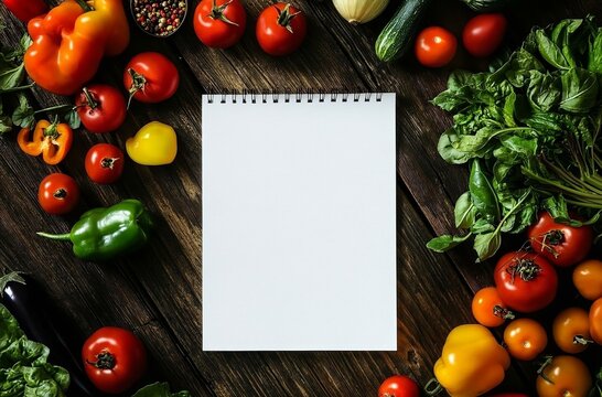 Blank cookbook page surrounded by fresh vegetables on rustic wooden table