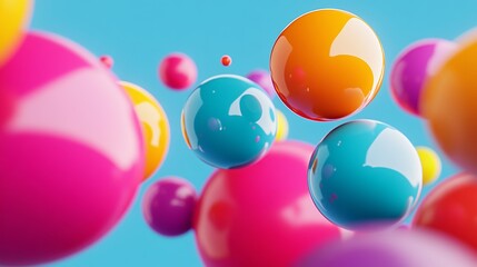 Bunch of colorful balls are floating in the air. The colors are bright and vibrant, creating a fun and playful atmosphere