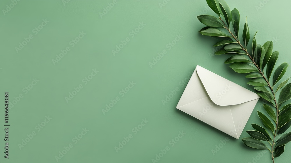 Poster white envelope is placed on a green surface with a leaf on top of it. the envelope appears to be ope