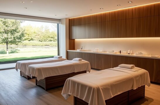Empty massage tables in modern spa room await clients