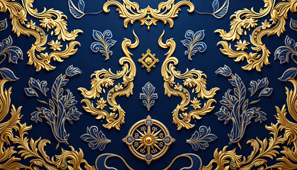 Ornate golden floral patterns on a royal blue background