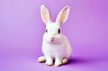Obraz premium Adorable white bunny posing on a purple background