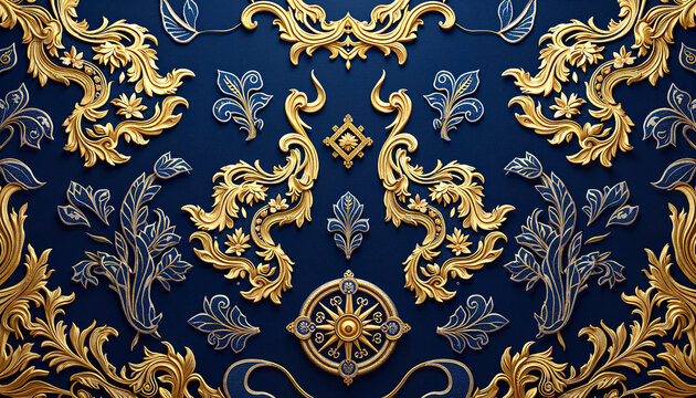 Ornate golden floral patterns on a royal blue background