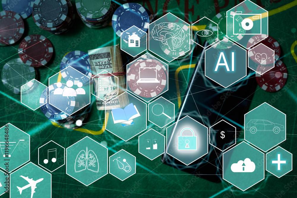 Poster artificial intelligence ai, internet of things iot. business man using laptop computer on technology