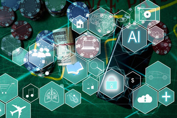 Artificial Intelligence AI, Internet of Things IoT. Business man using laptop computer on technology background, big data, deep learning, smart phone chatbot application, 4.0 industrial technology.