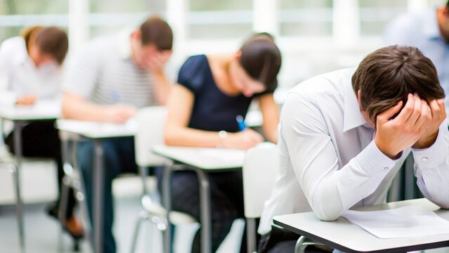 Exam Stress in Classroom: Student with exam papers, blurred classroom in the background.
