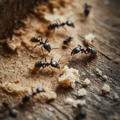 Close-up of several black ants foraging on decaying wood, crumbs visible.