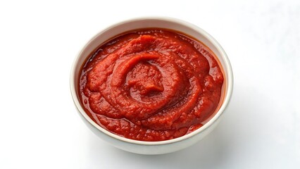 Top view of a bowl with tomato paste isolated on white background