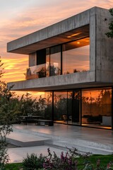 Fototapeta premium Modern concrete house exterior reflecting orange sunset sky in large windows