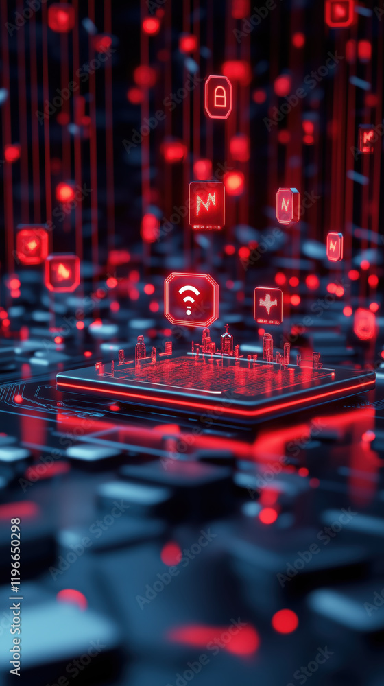 Poster glowing microchip with floating red holographic icons representing cybersecurity