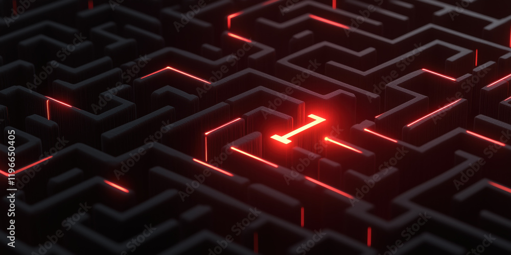 Poster digital maze with glowing red pathways and illuminated exit symbolizing encryption