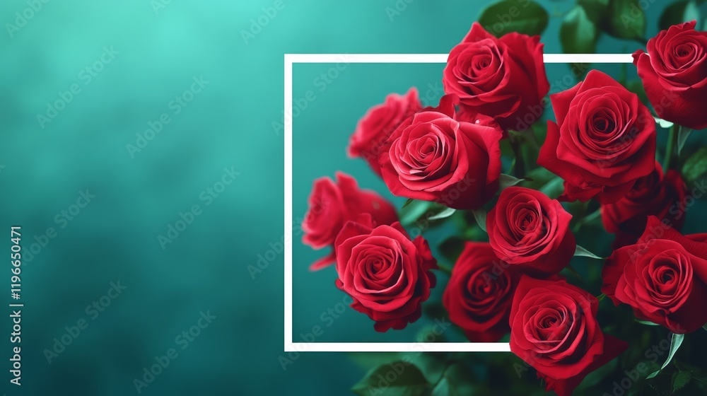 Poster bouquet of red roses is displayed in a frame on a blue background. the roses are arranged in a way t