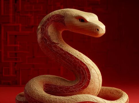 A wooden snake with a red and white stripe on its body