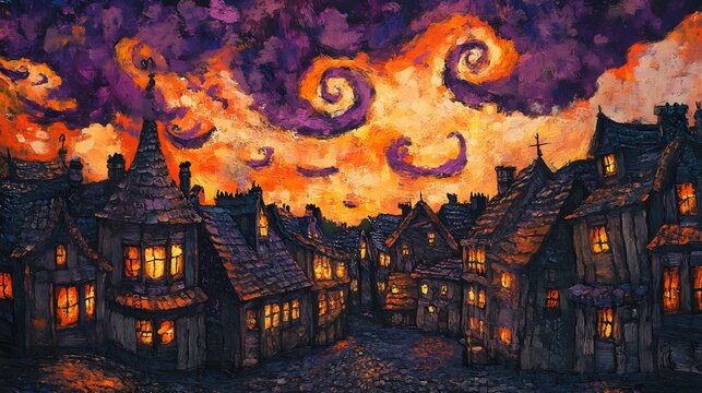 An expressive depiction of a small town square, filled with textured rooftops, glowing windows, and swirling purple and orange clouds in the evening sky, showcasing a lively yet serene ambiance