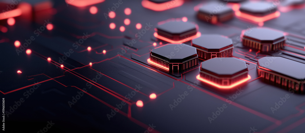 Poster glowing red circuit board with futuristic hexagonal components and digital connections