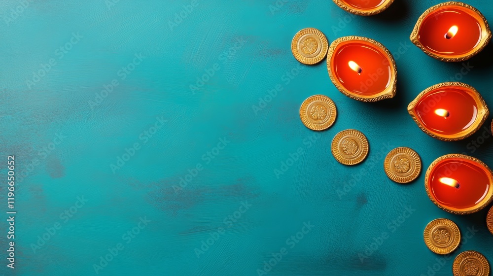 Poster blue background with a row of lit candles and gold coins. the candles are arranged in a row, with so