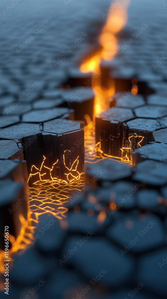 Poster glowing hexagonal cracks with fiery light emerging from dark surface