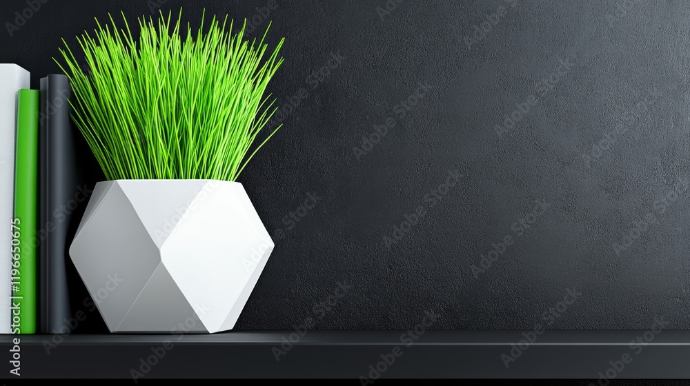 Poster white vase with green grass in it sits on a shelf next to a stack of books. the vase is placed in th
