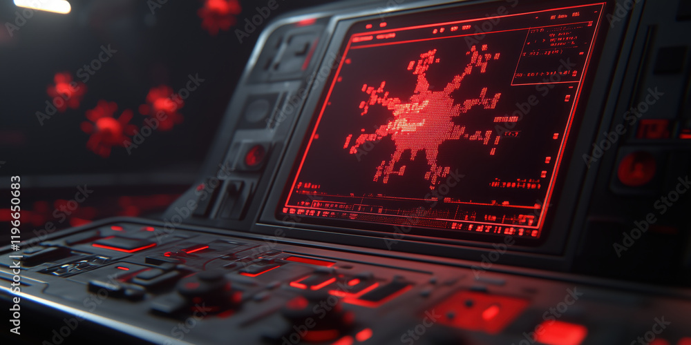 Poster holographic security monitor scanning for malware with red digital interface