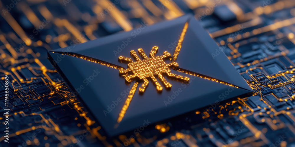 Poster glowing microchip with warning symbol on futuristic circuit board