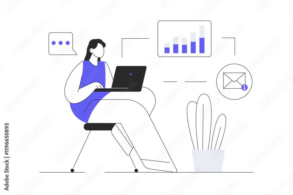 Poster freelance working concept design. character doing tasks remotely and works on laptop using wifi at h