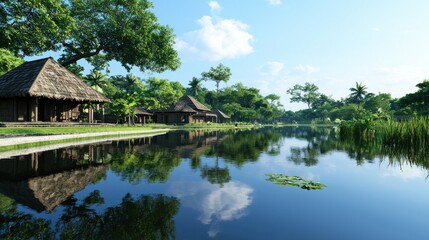 Obraz premium Tranquil Tropical Village by the River