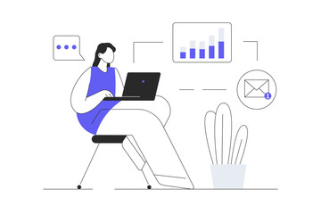 Freelance working concept design. Character doing tasks remotely and works on laptop using wifi at home office. Flat Cartoon Vector Illustration, icon. Stylish abstract Modern