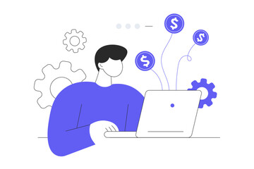 Finance concept. Man makes transactions and money transfers using online banking system in browser on laptop. Flat Cartoon Vector Illustration, icon. Stylish abstract Modern