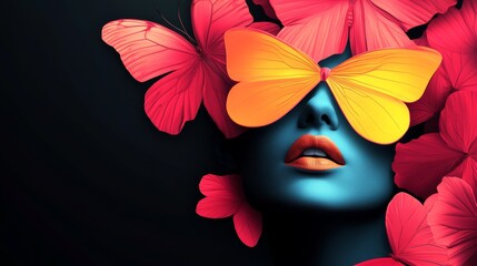 Woman's face is covered by a butterfly mask. The butterfly is yellow and surrounded by red flowers. The image has a whimsical and playful mood