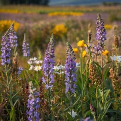 Obraz premium Colorful Wildflower Meadow in Full Bloom with Vibrant Petals and Scenic Landscape