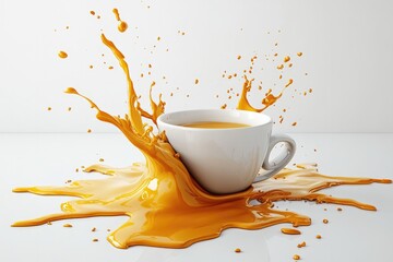 Dynamic splash of vibrant orange liquid from cup against clean b