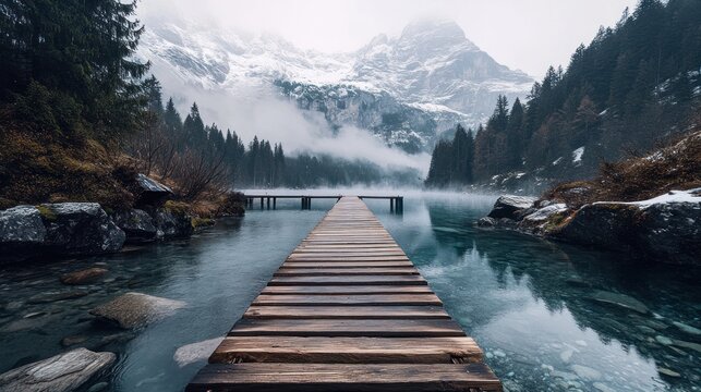 Wooden pier extending into a serene mountain lake with snowy peaks and forests - Powered by Adobe