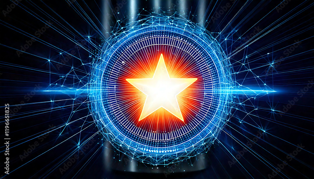Poster dynamic abstract image featuring a glowing star at the center of a futuristic, technological design.