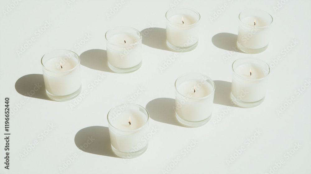 Poster scented simplicity: a serene arrangement of six pristine white candles, each casting a soft glow and