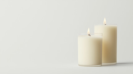Lit Candles, Peaceful Scene: Two cylindrical candles, one in a clear glass holder, burn gently against a minimalist backdrop.  Their warm glow creates a sense of calm and tranquility.