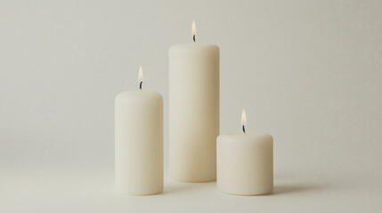 Candlelight Serenity: Three elegant pillar candles, each with a warm, flickering flame, cast a soft glow against a minimalist backdrop. The scene evokes a sense of tranquility and peace.